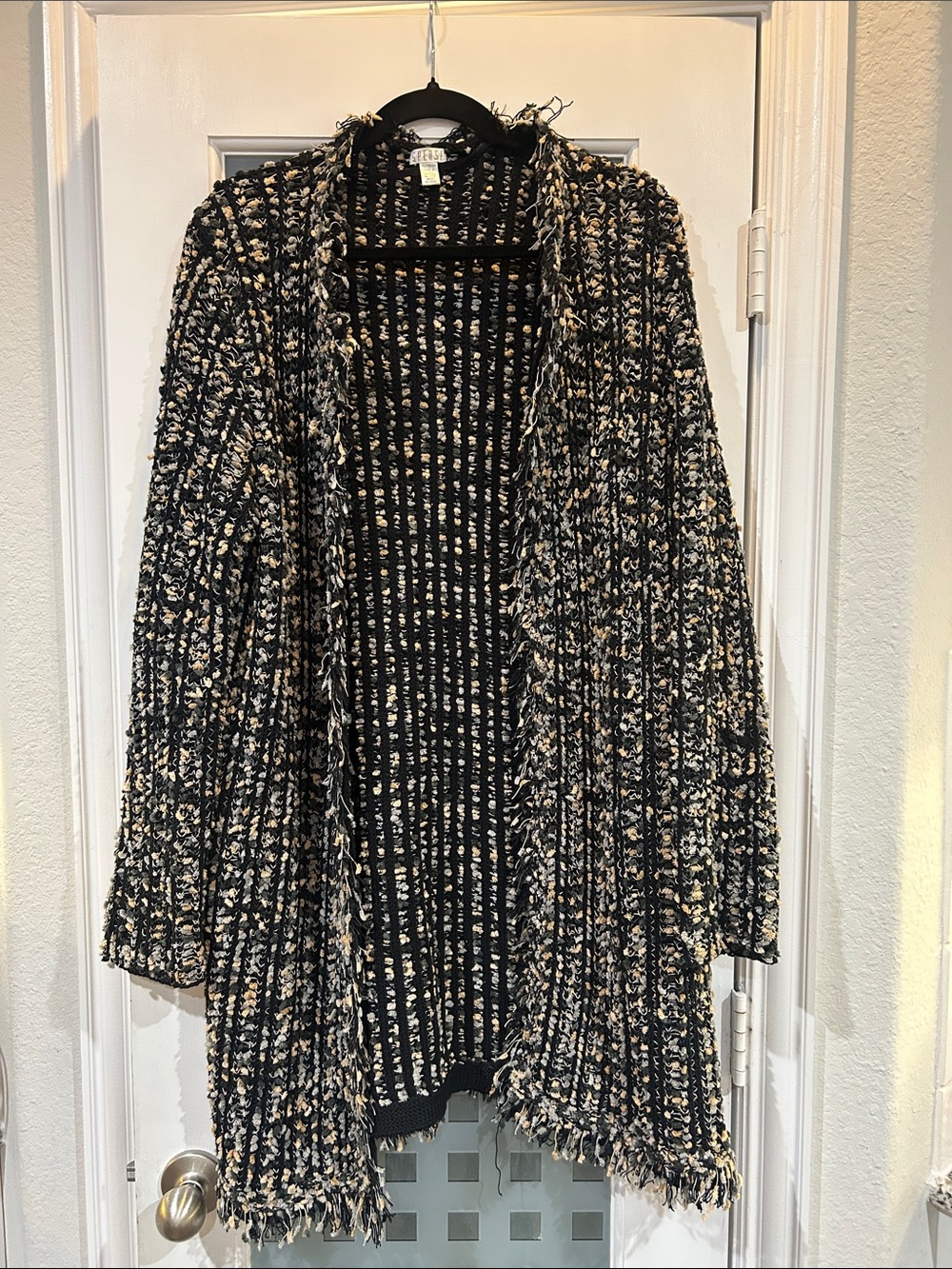 Spense Black & Cream Open-Front Textured Cardigan